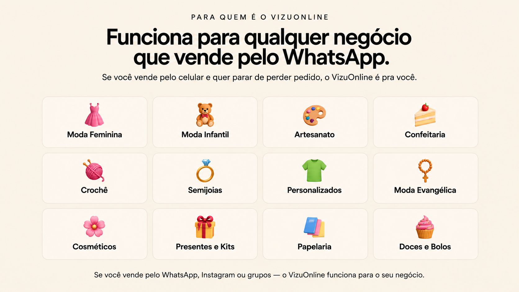 VizuOnline funciona para qualquer negócio que vende pelo WhatsApp: moda feminina, infantil, artesanato, confeitaria, crochê, semijoias, personalizados, moda evangélica, cosméticos, presentes, papelaria e doces
